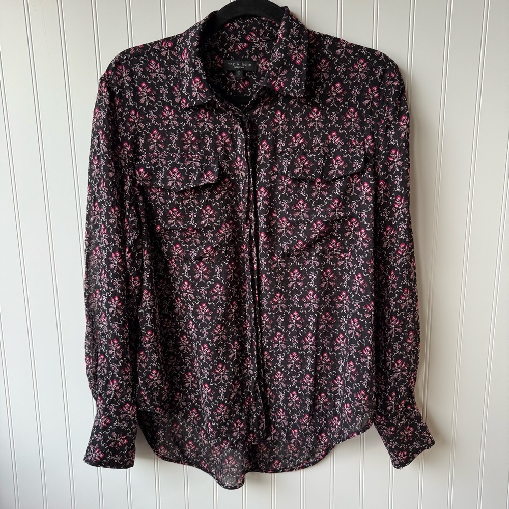 Rag & Bone Black and Pink Floral Shirt button up blouse medium